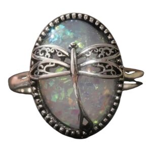 Silver Dragonfly Synthetic Opal Ring